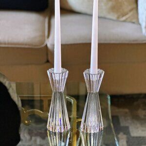 Pair of Vintage Clear Glass Atlantis Art Deco Pillar Candle Stick Holders